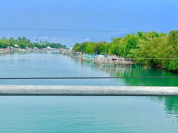 Scenic view of lake against clear blue sky