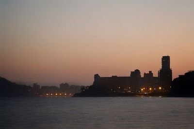 Silhouette buildings in city at sunset