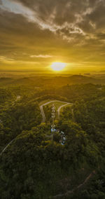 High angle view of landscape against sky during sunset