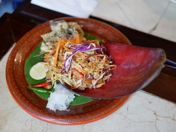 High angle view of food served in plate