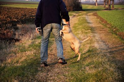 Low section of man with dog on field