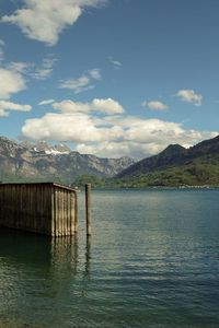 Scenic view of lake against cloudy sky