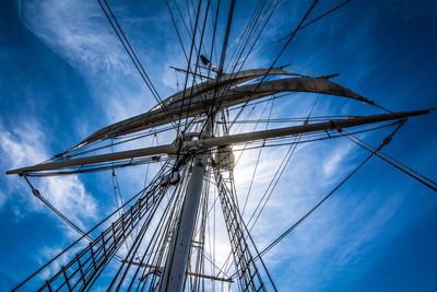 Low angle view of mast against blue sky