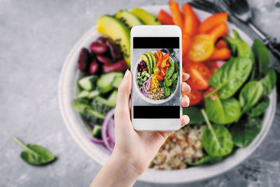 Midsection of woman photographing food with mobile phone