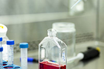 Close-up of bottles in laboratory