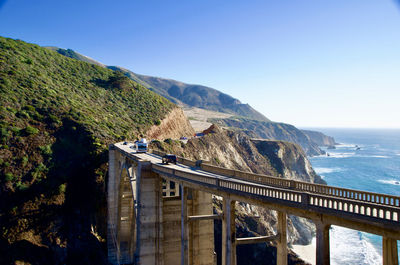 Scenic view of sea and mountains against clear blue sky