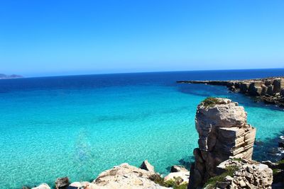 Scenic view of sea against clear blue sky