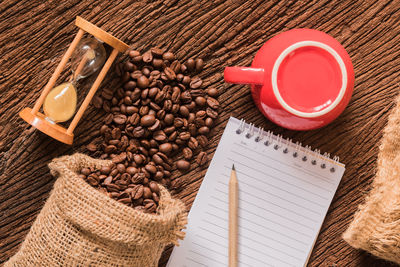 High angle view of coffee cup on table