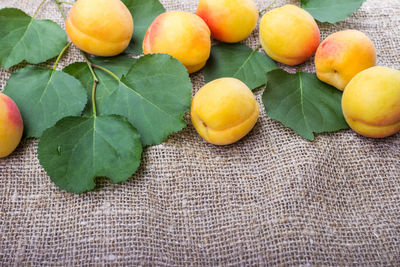 High angle view of fruits and leaves on table