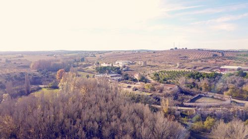 High angle view of buildings against sky