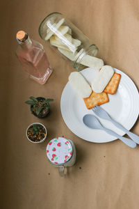 High angle view of food served on table