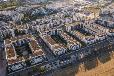 Germany, baden-wurttemberg, heidelberg, aerial view of passive house settlement bahnstadt