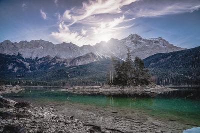 Panoramic view of lake and mountains against sky