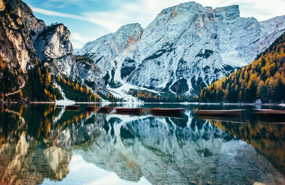 Scenic view of lake and snowcapped mountains against sky