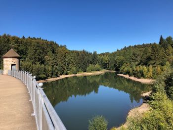 Scenic view of lake against clear blue sky