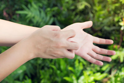 Cropped image of woman scratching hands