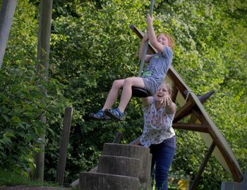 Girl pushing brother sitting on swing against trees