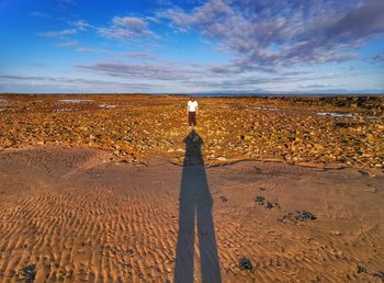 Rear view of woman standing on beach against sky