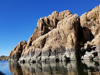 Rock formations by sea against clear sky