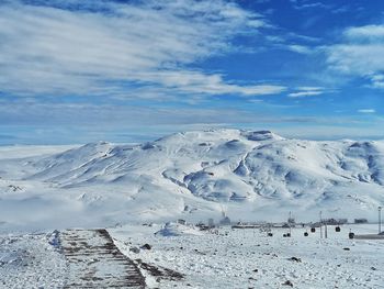 Snow covered landscape against sky