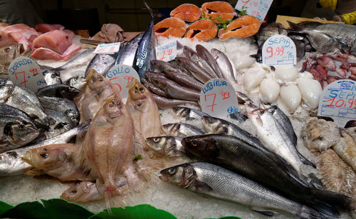 High angle view of fish for sale in market