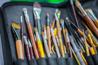 High angle view of multi colored pencils on table