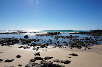 Scenic view of sea against clear blue sky