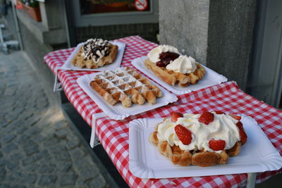 High angle view of dessert in plate on table