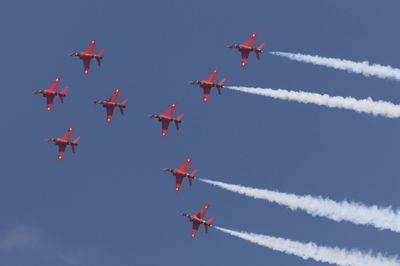 Low angle view of airshow against sky