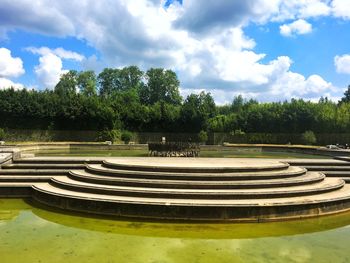 Scenic view of park by lake against sky