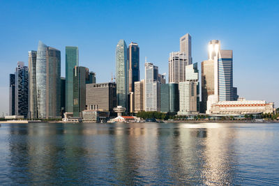 Sea by modern buildings against clear sky