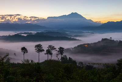 Scenic view of mountains against sky during sunset