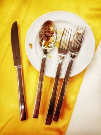 High angle view of breakfast on table