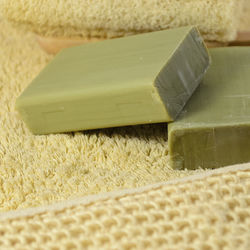 Close-up of handmade soap on rug