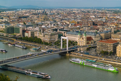 Elisabeth bridge, danube and elevated view of pest in a sunny day