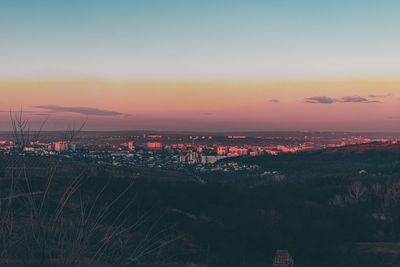 High angle view of townscape against sky during sunset