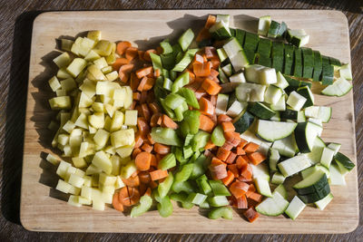 High angle view of chopped vegetables