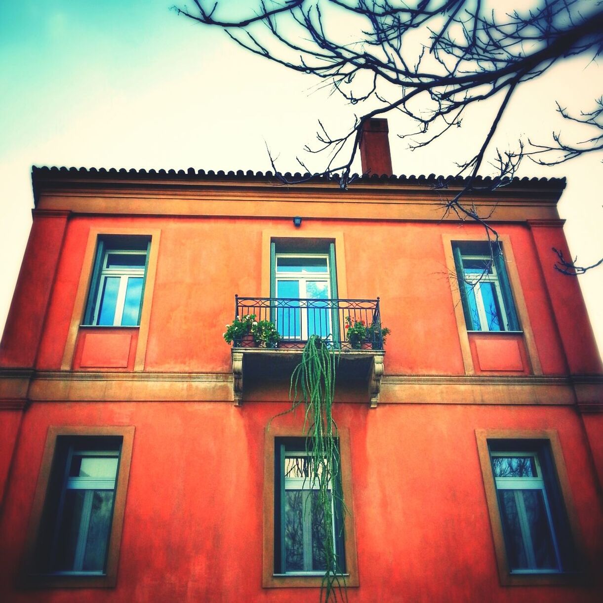 building exterior, architecture, built structure, window, low angle view, residential building, residential structure, house, building, clear sky, branch, sky, tree, bare tree, facade, day, outdoors, no people, balcony, apartment