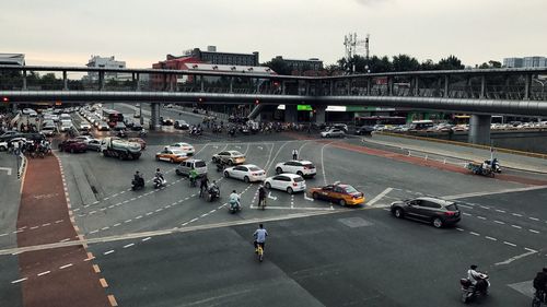 High angle view of people on city street