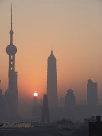 Modern buildings in city during sunset