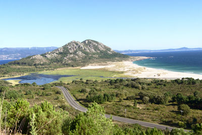 Scenic view of landscape and sea against clear blue sky