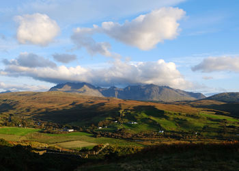 Scenic view of landscape and mountains against sky