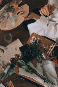 High angle view of rose bouquet on table