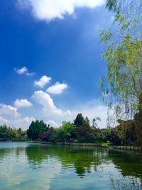 Scenic view of lake against cloudy sky