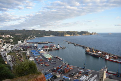 High angle view of harbor in city