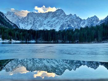 Scenic view of lake by snowcapped mountains against sky