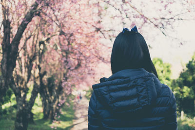 Rear view of woman wearing warm clothing standing by cherry tree