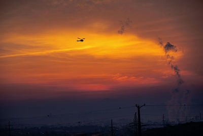 Low angle view of silhouette birds flying against orange sky