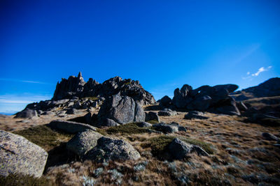 Rock formations against clear blue sky
