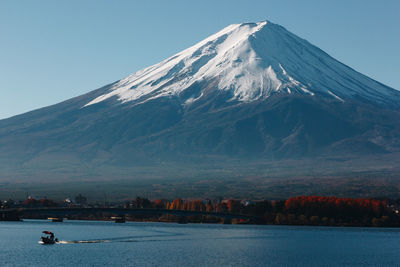 Scenic view of snowcapped mountains against clear sky